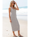 White Striped Print Sleeveless Buttoned Maxi Dress - M