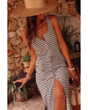 White Striped Print Sleeveless Buttoned Maxi Dress - M