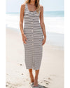 White Striped Print Sleeveless Buttoned Maxi Dress - M