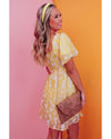 Yellow Boho Flower Jacquard Puff Sleeve Square Neck Mini Dress - L