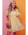 Yellow Boho Flower Jacquard Puff Sleeve Square Neck Mini Dress - XL