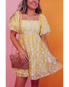 Yellow Boho Flower Jacquard Puff Sleeve Square Neck Mini Dress - XL