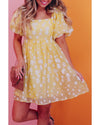Yellow Boho Flower Jacquard Puff Sleeve Square Neck Mini Dress - XL