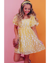 Yellow Boho Flower Jacquard Puff Sleeve Square Neck Mini Dress - XL