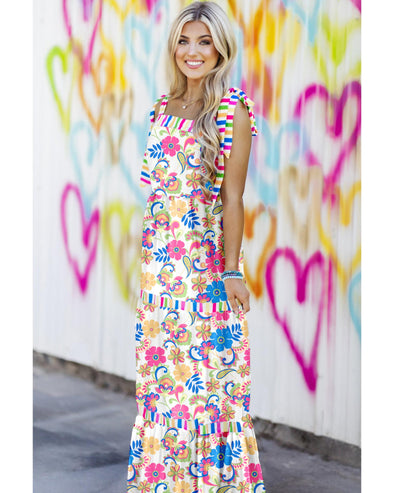 Rose Red Striped Trim Self-tie Straps Floral Maxi Dress - M