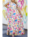 Rose Red Striped Trim Self-tie Straps Floral Maxi Dress - M