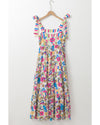 Rose Red Striped Trim Self-tie Straps Floral Maxi Dress - M