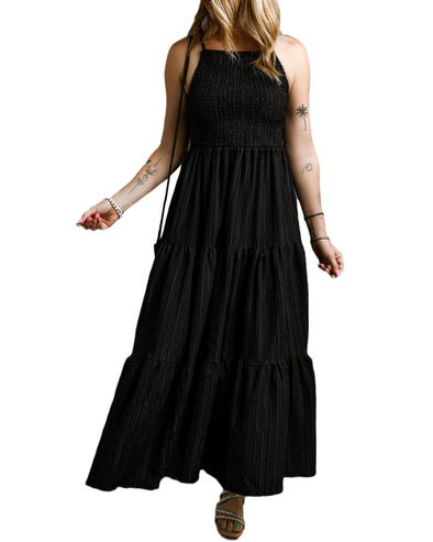 Black Spaghetti Straps Smocked Pleated Tiered Maxi Dress - M