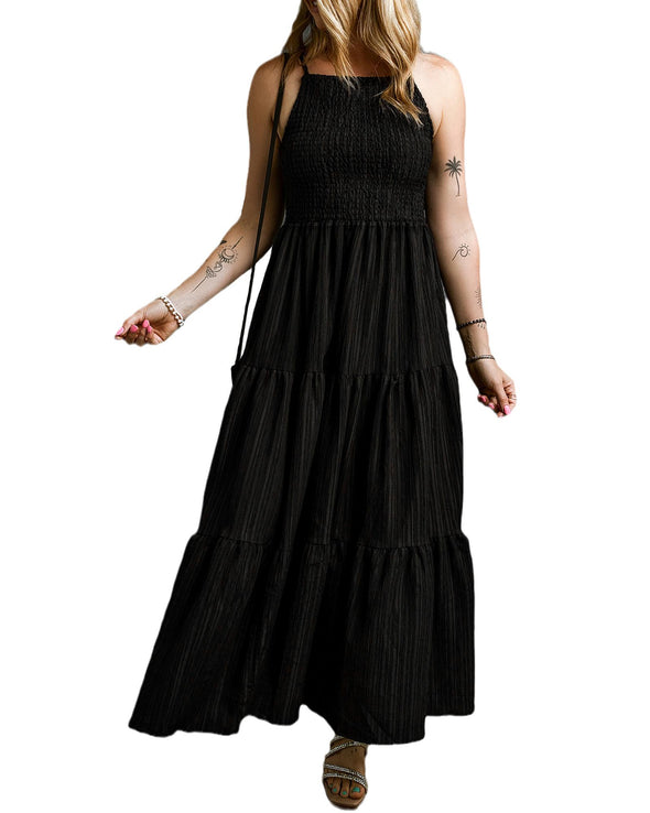 Black Spaghetti Straps Smocked Pleated Tiered Maxi Dress - M