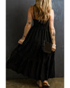 Black Spaghetti Straps Smocked Pleated Tiered Maxi Dress - M