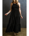 Black Spaghetti Straps Smocked Pleated Tiered Maxi Dress - M