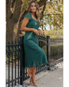 Sea Green Shirred Open Back Sweetheart Neck Ruffled Midi Dress - M