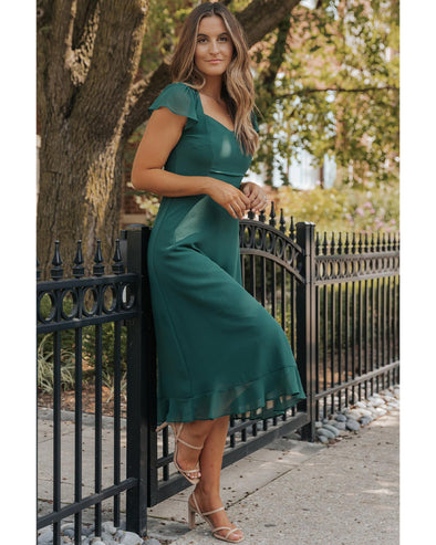 Sea Green Shirred Open Back Sweetheart Neck Ruffled Midi Dress - S