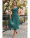 Sea Green Shirred Open Back Sweetheart Neck Ruffled Midi Dress - S