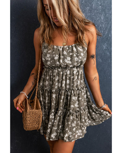 Green Tie Straps Frilly Tiered Short Floral Dress - L