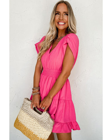 Strawberry Pink Ruched Sleeve V Neck Smock Waist Tiered Ruffled Dress - L