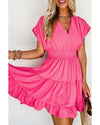 Strawberry Pink Ruched Sleeve V Neck Smock Waist Tiered Ruffled Dress - L