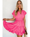 Strawberry Pink Ruched Sleeve V Neck Smock Waist Tiered Ruffled Dress - L