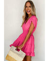 Strawberry Pink Ruched Sleeve V Neck Smock Waist Tiered Ruffled Dress - L