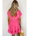 Strawberry Pink Ruched Sleeve V Neck Smock Waist Tiered Ruffled Dress - XL