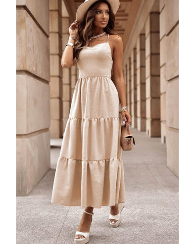 Oatmeal Crossover Backless Bodice Tiered Maxi Dress - M