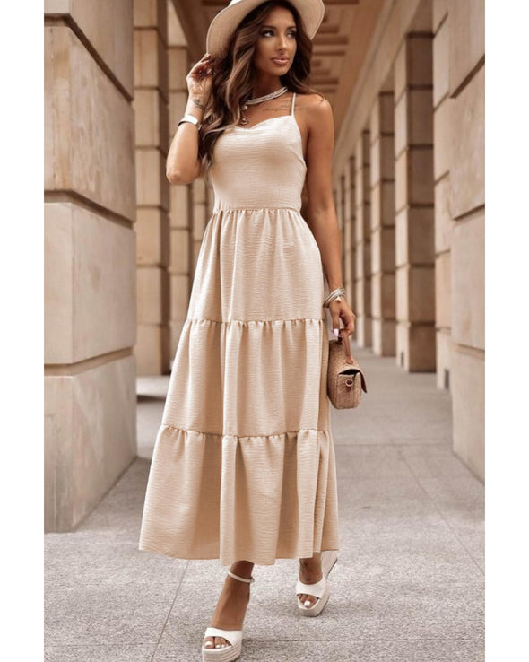 Oatmeal Crossover Backless Bodice Tiered Maxi Dress - M