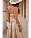 Oatmeal Crossover Backless Bodice Tiered Maxi Dress - M