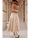 Oatmeal Crossover Backless Bodice Tiered Maxi Dress - M