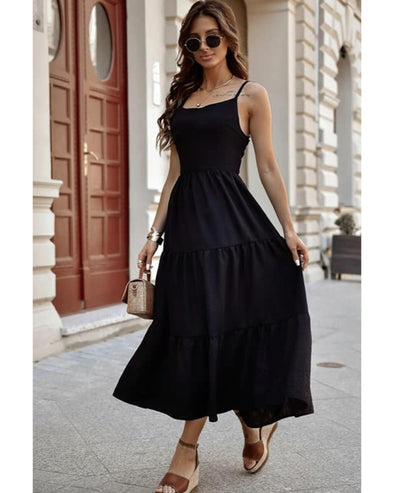 Black Crossover Backless Bodice Tiered Maxi Dress - L