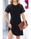 Black Contrast Lace Raglan Sleeve Pleated Detail Shift Dress - XL