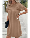 Light French Beige Contrast Lace Raglan Sleeve Pleated Detail Shift Dress - M