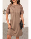 Light French Beige Contrast Lace Raglan Sleeve Pleated Detail Shift Dress - M