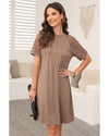 Light French Beige Contrast Lace Raglan Sleeve Pleated Detail Shift Dress - M