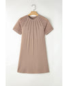 Light French Beige Contrast Lace Raglan Sleeve Pleated Detail Shift Dress - M