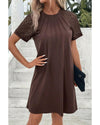 Dark Brown Contrast Lace Raglan Sleeve Pleated Detail Shift Dress - L