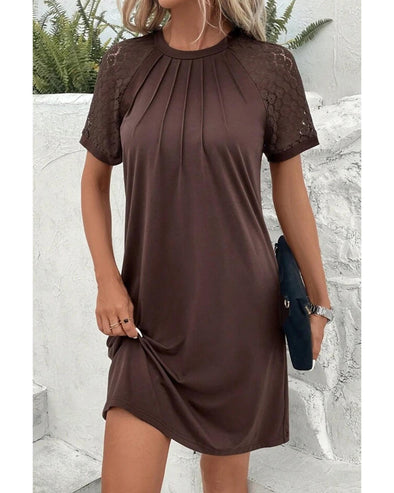 Dark Brown Contrast Lace Raglan Sleeve Pleated Detail Shift Dress - M