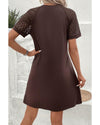 Dark Brown Contrast Lace Raglan Sleeve Pleated Detail Shift Dress - M