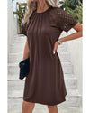 Dark Brown Contrast Lace Raglan Sleeve Pleated Detail Shift Dress - M