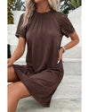 Dark Brown Contrast Lace Raglan Sleeve Pleated Detail Shift Dress - M