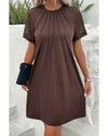 Dark Brown Contrast Lace Raglan Sleeve Pleated Detail Shift Dress - M