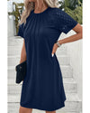 Navy Blue Contrast Lace Raglan Sleeve Pleated Detail Shift Dress - L