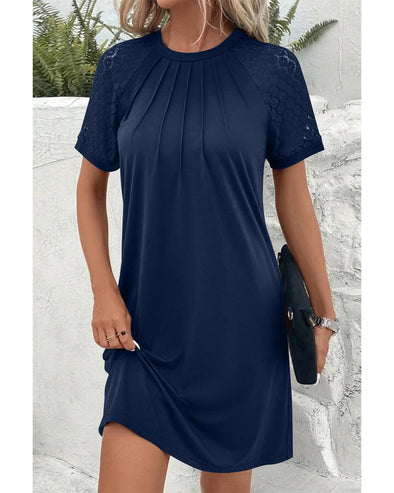 Navy Blue Contrast Lace Raglan Sleeve Pleated Detail Shift Dress - M
