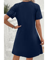Navy Blue Contrast Lace Raglan Sleeve Pleated Detail Shift Dress - M