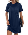 Navy Blue Contrast Lace Raglan Sleeve Pleated Detail Shift Dress - M