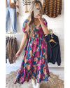 Dark Blue Square Neck Bubble Sleeve Ruffled Floral Dress - L