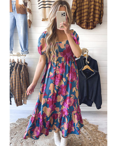 Dark Blue Square Neck Bubble Sleeve Ruffled Floral Dress - L