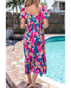 Dark Blue Square Neck Bubble Sleeve Ruffled Floral Dress - L