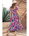 Dark Blue Square Neck Bubble Sleeve Ruffled Floral Dress - L