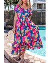 Dark Blue Square Neck Bubble Sleeve Ruffled Floral Dress - L