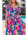 Dark Blue Square Neck Bubble Sleeve Ruffled Floral Dress - L